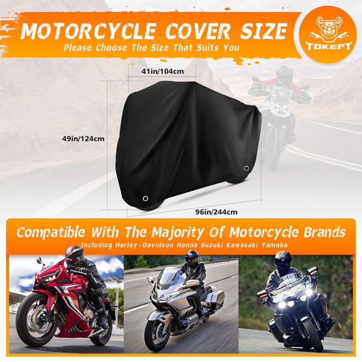 Tokept Motorcycle Cover Waterproof Sun with Lock-Holes & Storage Bag Heavy Duty Material, Fits up to 96"" Harley Davison and All Motors (XL Black) - Image 2